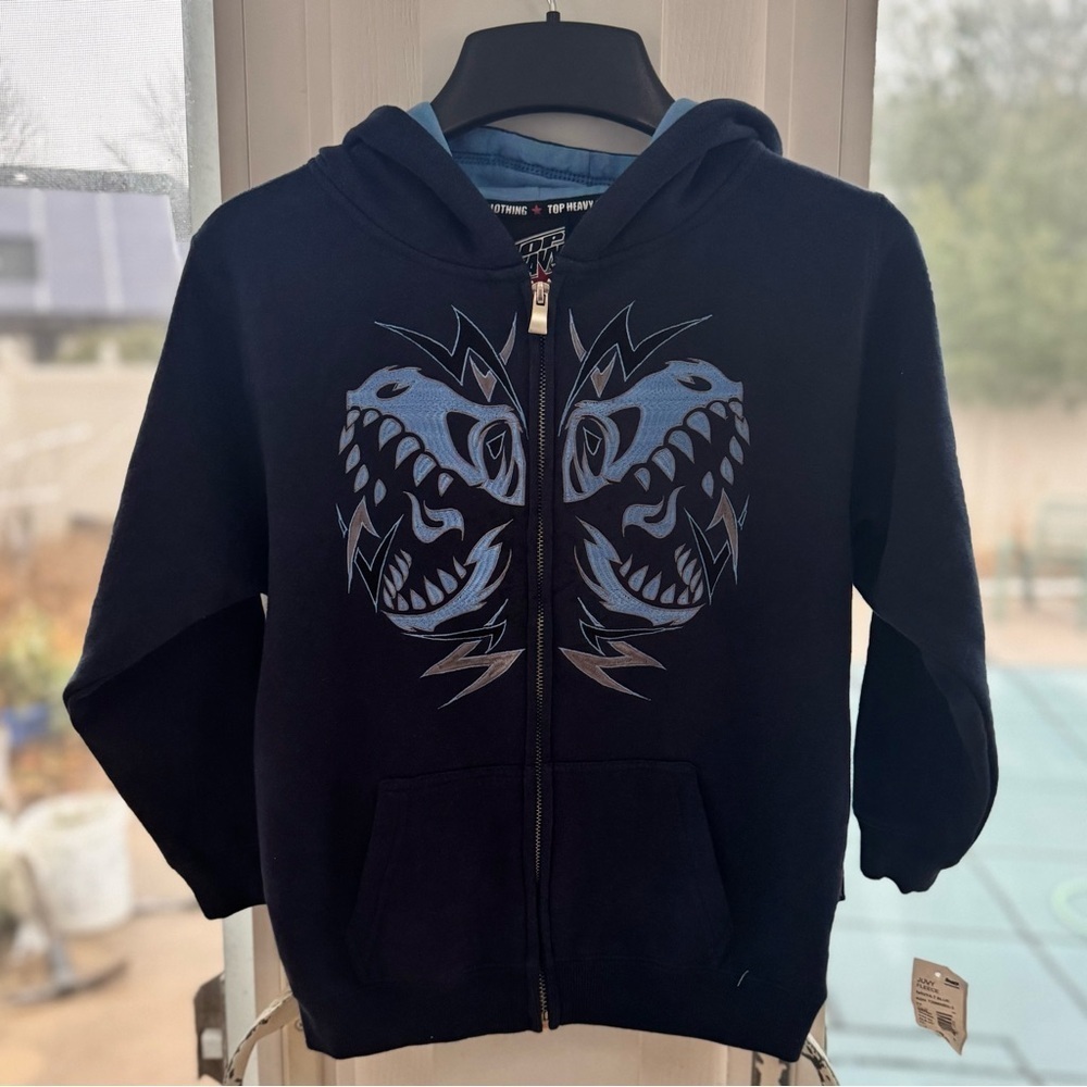 NWT TOP HEAVY Boys Hoodie Zip Up Jacket Y2K Vintage Tribal Dragon Blue Size 4 S